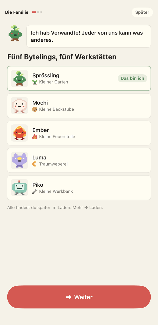 Die fünf Bytelings: Sprössling, Mochi, Ember, Luma und Piko, jedes mit seiner kleinen Werkstatt.