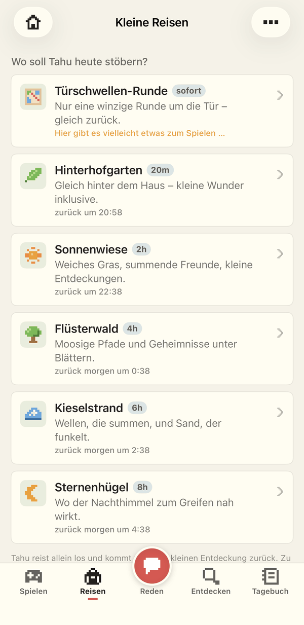 Kleine Reisen: sechs Ziele von der Türschwelle bis zum Sternenhügel, jeweils mit der Uhrzeit, zu der Tahu zurück ist.