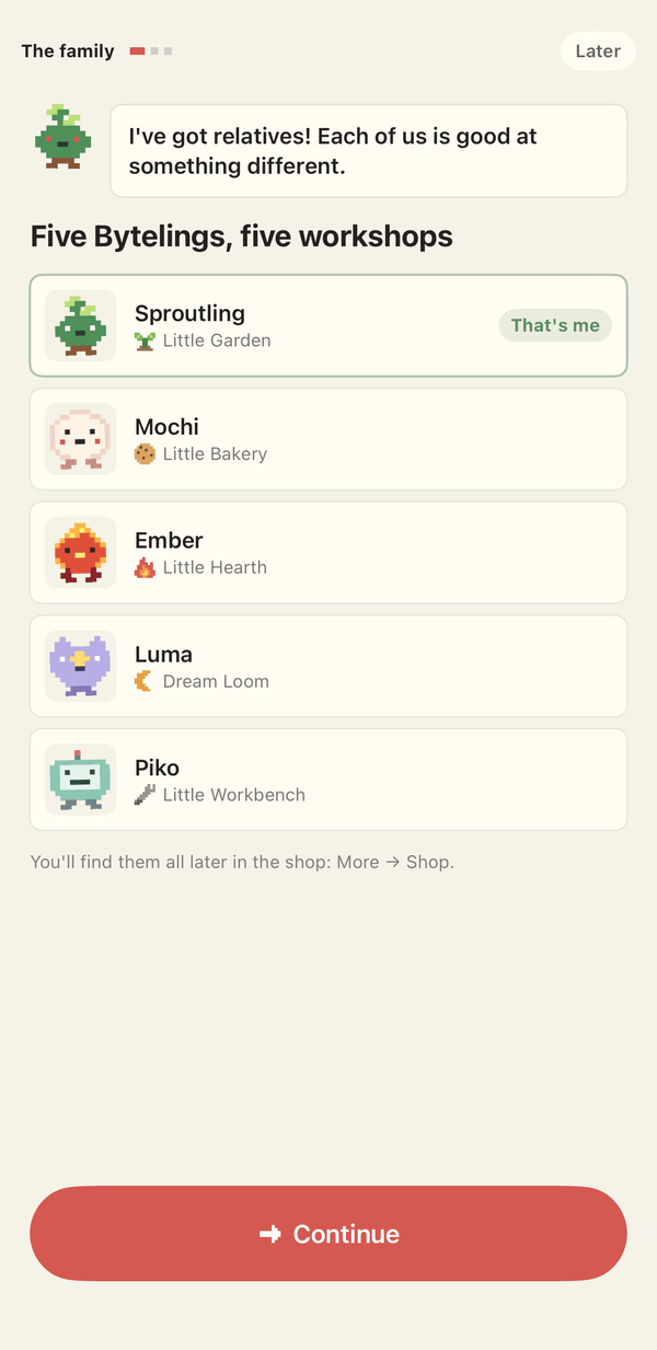 The five Bytelings: Sproutling, Mochi, Ember, Luma and Piko, each with its own little workshop.