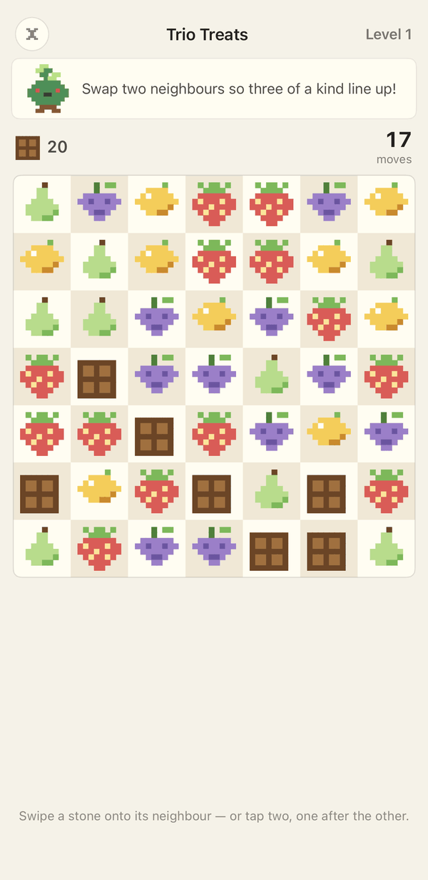 Trio Treats, the match-3 game: a board of pixel fruit and chocolate.