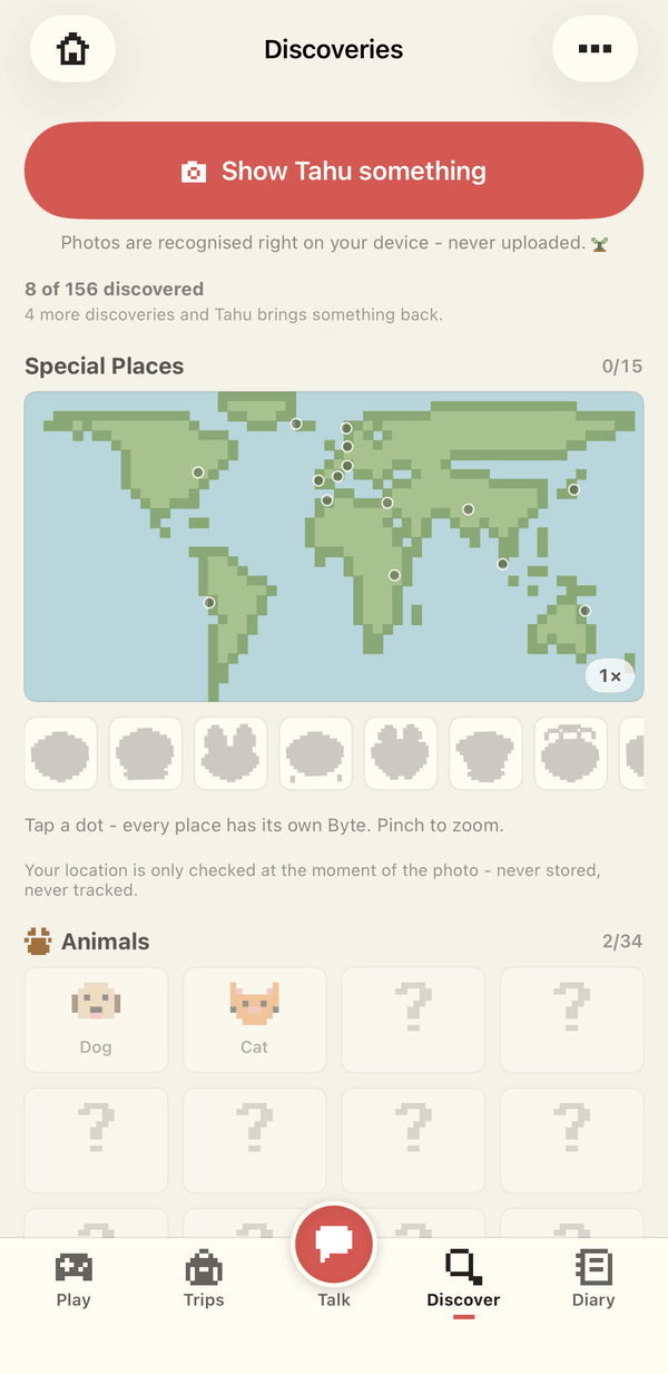 Discoveries: a pixel world map with fifteen special places, and the collection of things shown to Tahu.