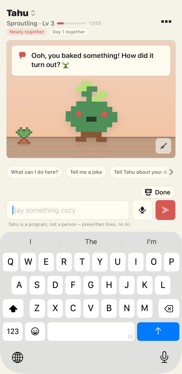 Talking to Tahu. Under the text field: Tahu is a program, not a person &ndash; prewritten lines, no AI.