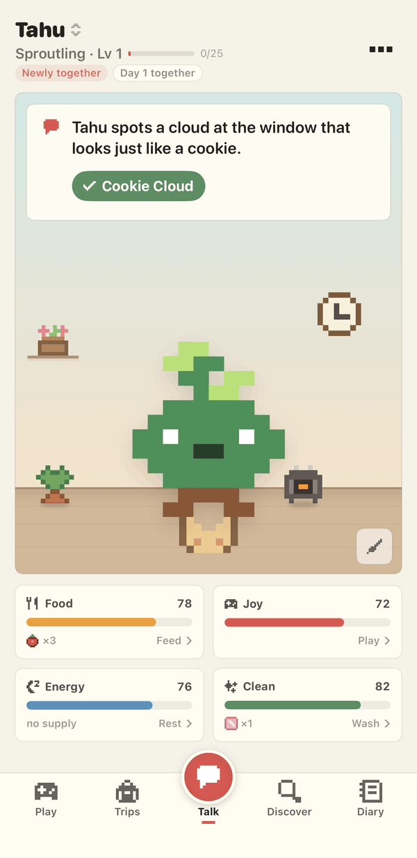 The start screen: Tahu, a green pixel sprout, in its room with a speech bubble, and below it four care cards for food, joy, energy and clean.